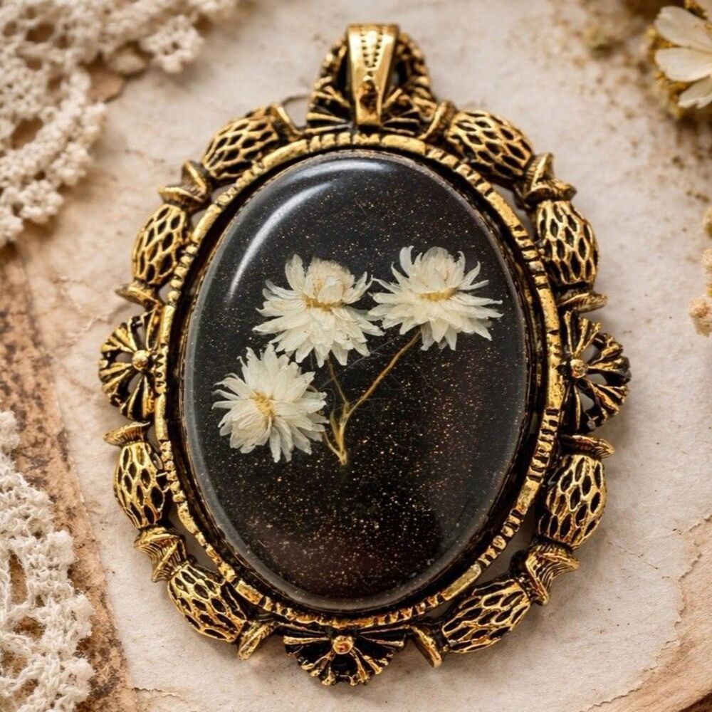 Vintage 1970s Black Resin Pressed Flower Brooch Pendant Ornate Gold Tone